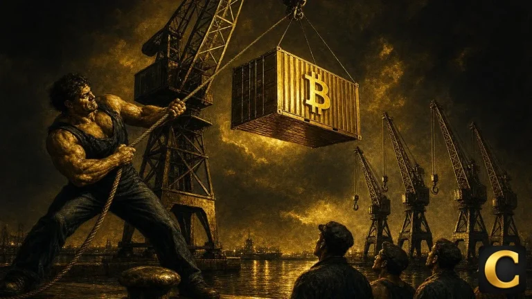 IBIT flows shown as a lone docker lifting a golden Bitcoin container past idle cranes