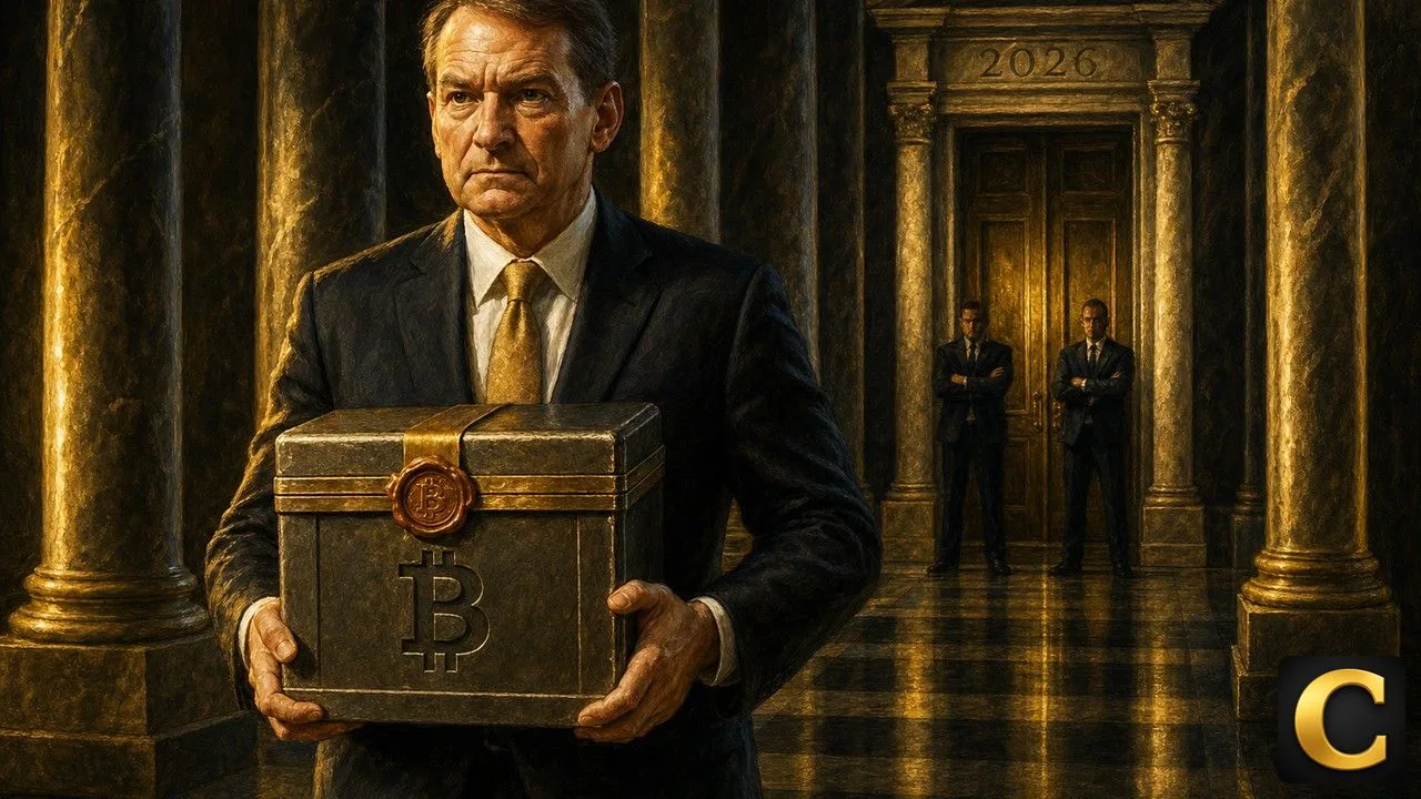 Crypto custody strongbox sealed with wax and carried through a marble hall