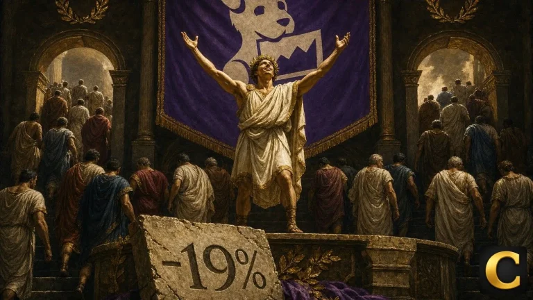 Datadog banner above a laurelled athlete as the entire crowd walks out of the arena