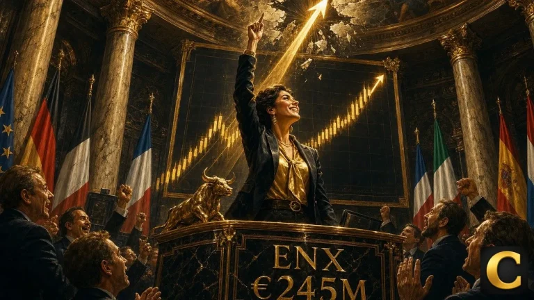 Euronext exchange hall with a soaring stock chart marking a record Q2 profit