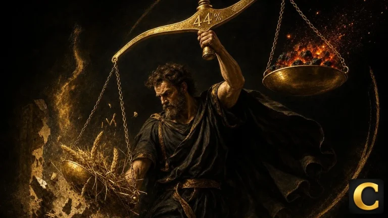 July jobs report shown as a golden Roman scale with wheat falling and embers rising