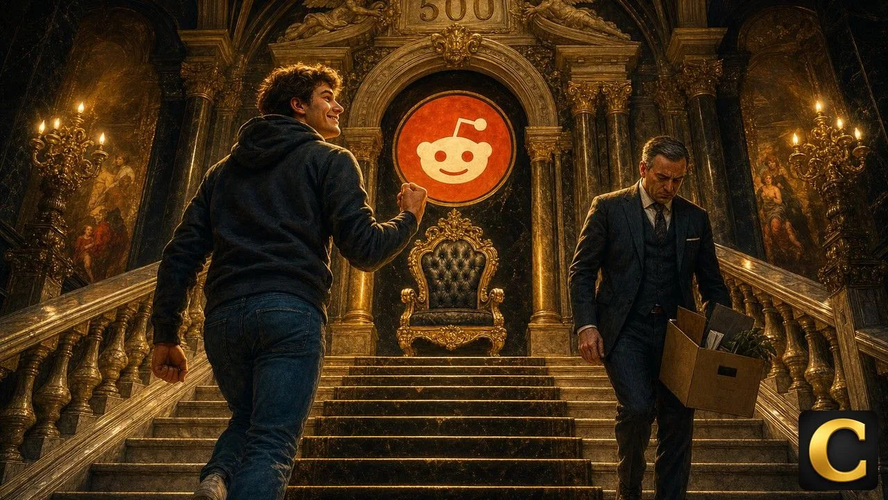 Reddit logo above a palace staircase as a founder climbs toward the seat