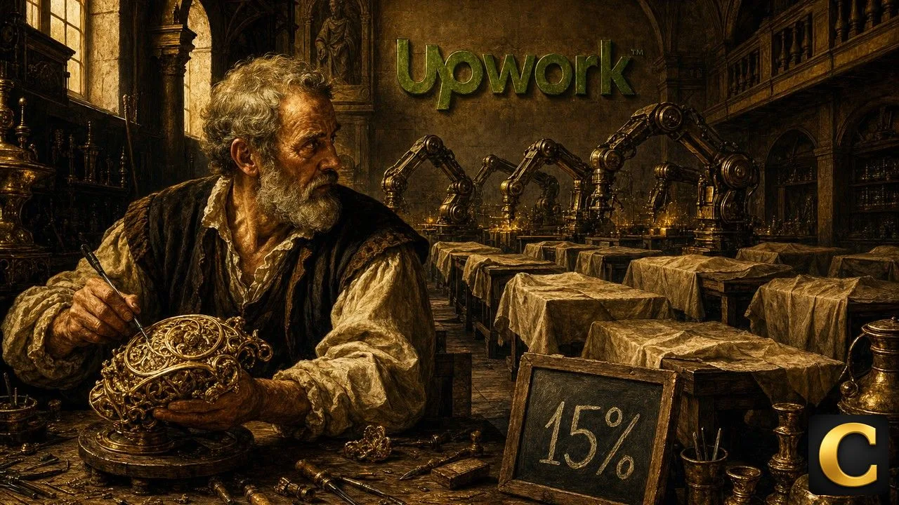 Upwork workshop scene with idle benches as brass machines take over simple tasks