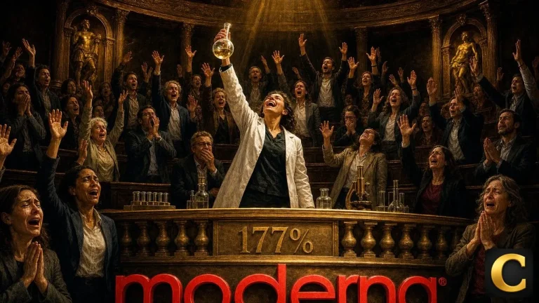Moderna cancer vaccine celebrated in a Renaissance anatomical theatre with a raised vial