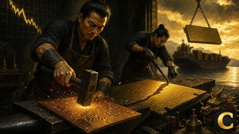 Moore Threads shown as smiths splitting a golden circuit plate beside a waiting cargo ship