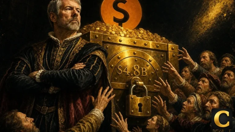 Michael Saylor guarding a locked golden vault marked $4.8B from grasping shareholders