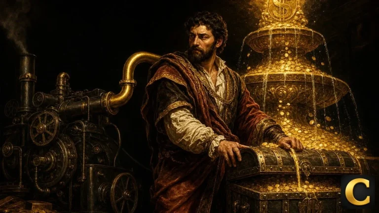 Free cash flow shown as a golden fountain overflow filling a treasure chest