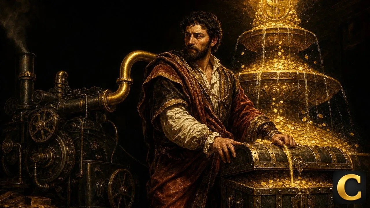 Free cash flow shown as a golden fountain overflow filling a treasure chest