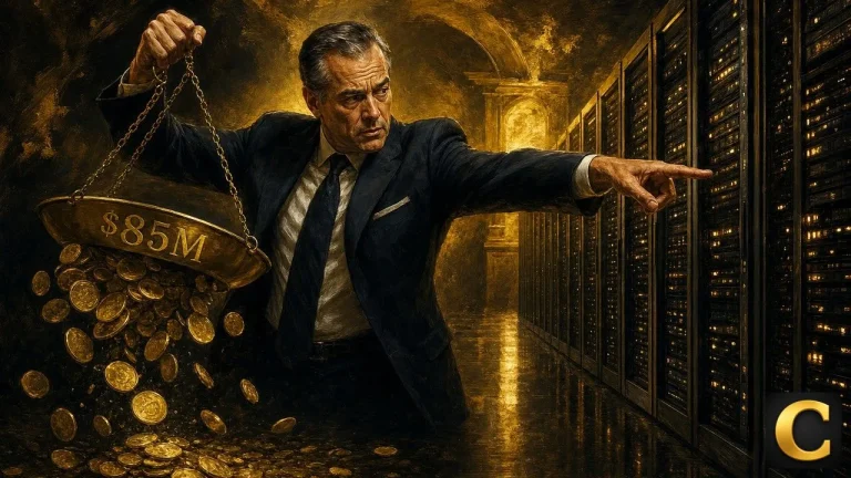 Galaxy Digital executive holding a collapsing scale of gold coins beside lit server racks