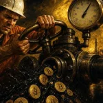 Oil shock scene showing a worker closing a pipeline valve as crude turns into Bitcoin coins