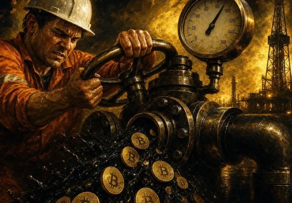 Oil shock scene showing a worker closing a pipeline valve as crude turns into Bitcoin coins