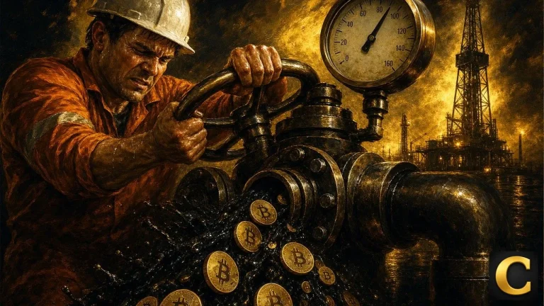 Oil shock scene showing a worker closing a pipeline valve as crude turns into Bitcoin coins