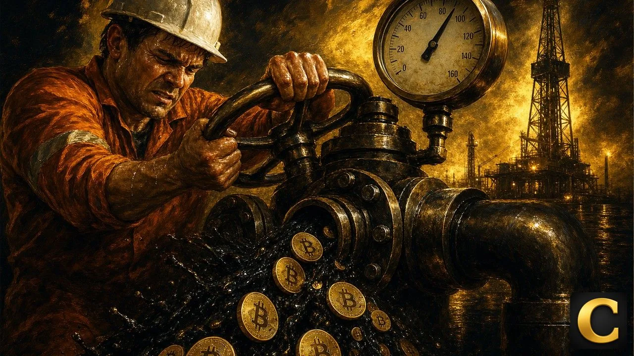 Oil shock scene showing a worker closing a pipeline valve as crude turns into Bitcoin coins