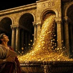 ETF inflow streak shown as a Roman aqueduct pouring gold into one basin