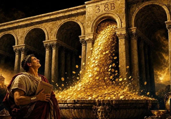 ETF inflow streak shown as a Roman aqueduct pouring gold into one basin