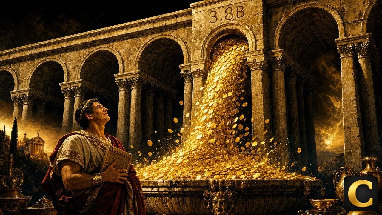 ETF inflow streak shown as a Roman aqueduct pouring gold into one basin