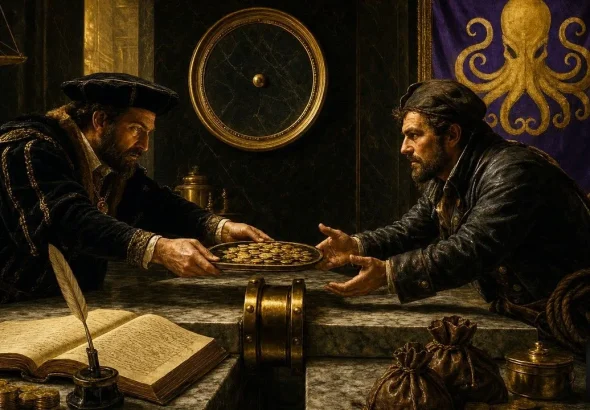 SoFiUSD coin tray passed across two joined Renaissance banking tables under a Kraken banner