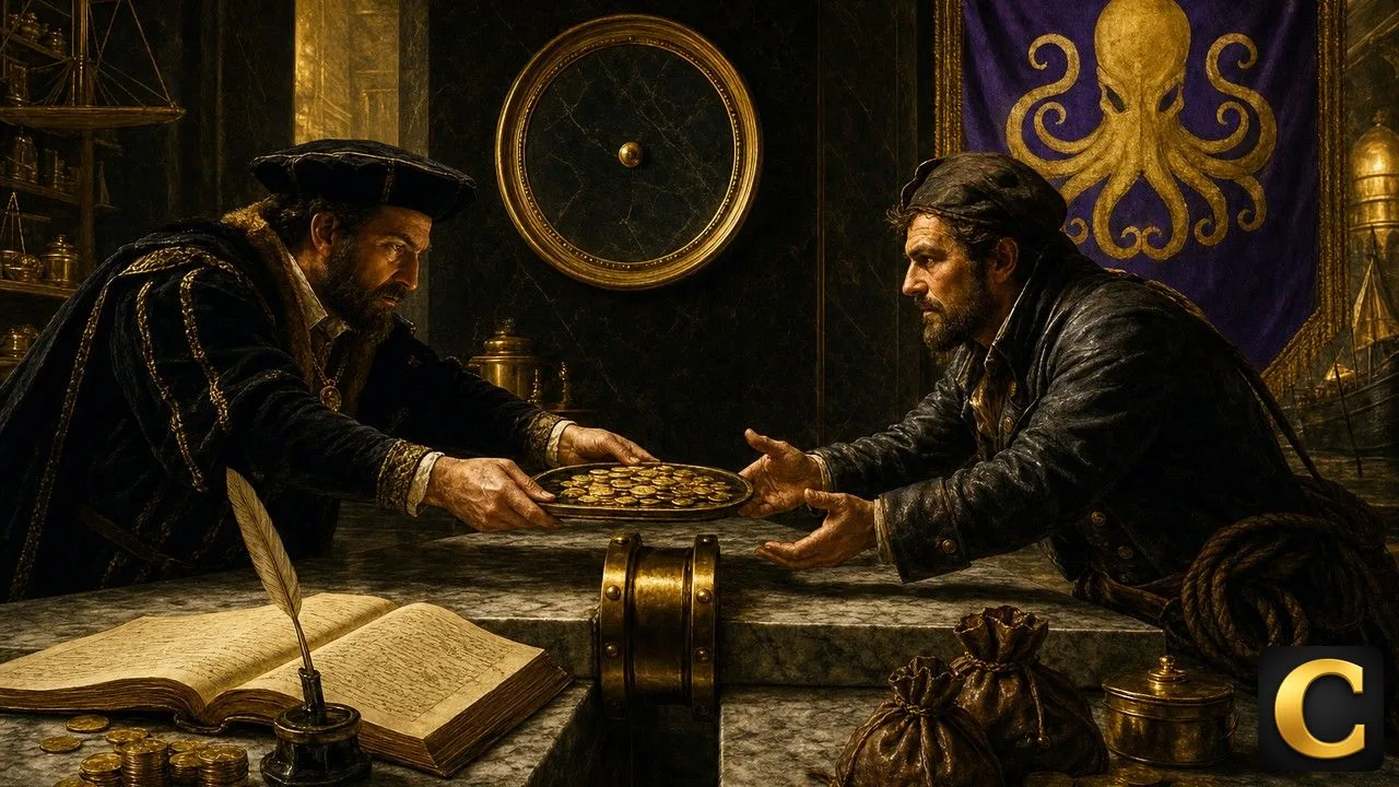 SoFiUSD coin tray passed across two joined Renaissance banking tables under a Kraken banner