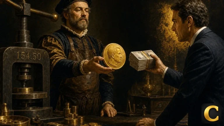 Trump $1 coin handed by a Renaissance mintmaster in exchange for a thick cash stack