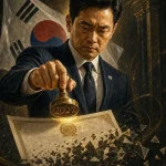 Tokenized securities certificate sealed by a Korean regulator dissolving into onchain fragments