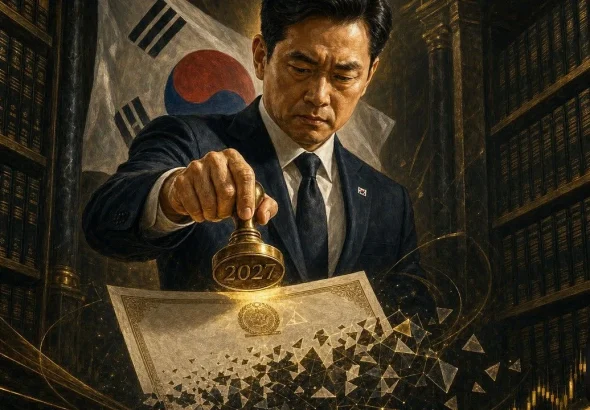 Tokenized securities certificate sealed by a Korean regulator dissolving into onchain fragments