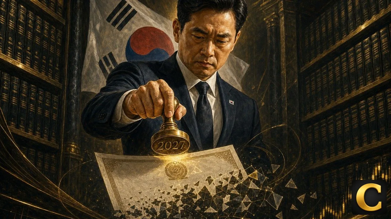Tokenized securities certificate sealed by a Korean regulator dissolving into onchain fragments