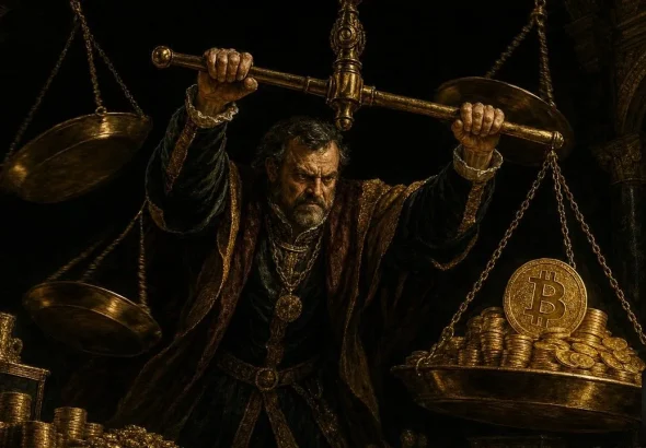 Bitcoin ETF scales weighed down with gold while three empty pans swing free