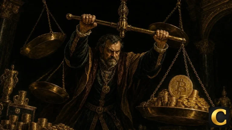 Bitcoin ETF scales weighed down with gold while three empty pans swing free