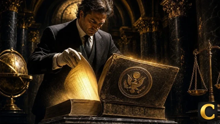 Transfer agent ledger glowing gold as an archivist opens a sealed SEC volume