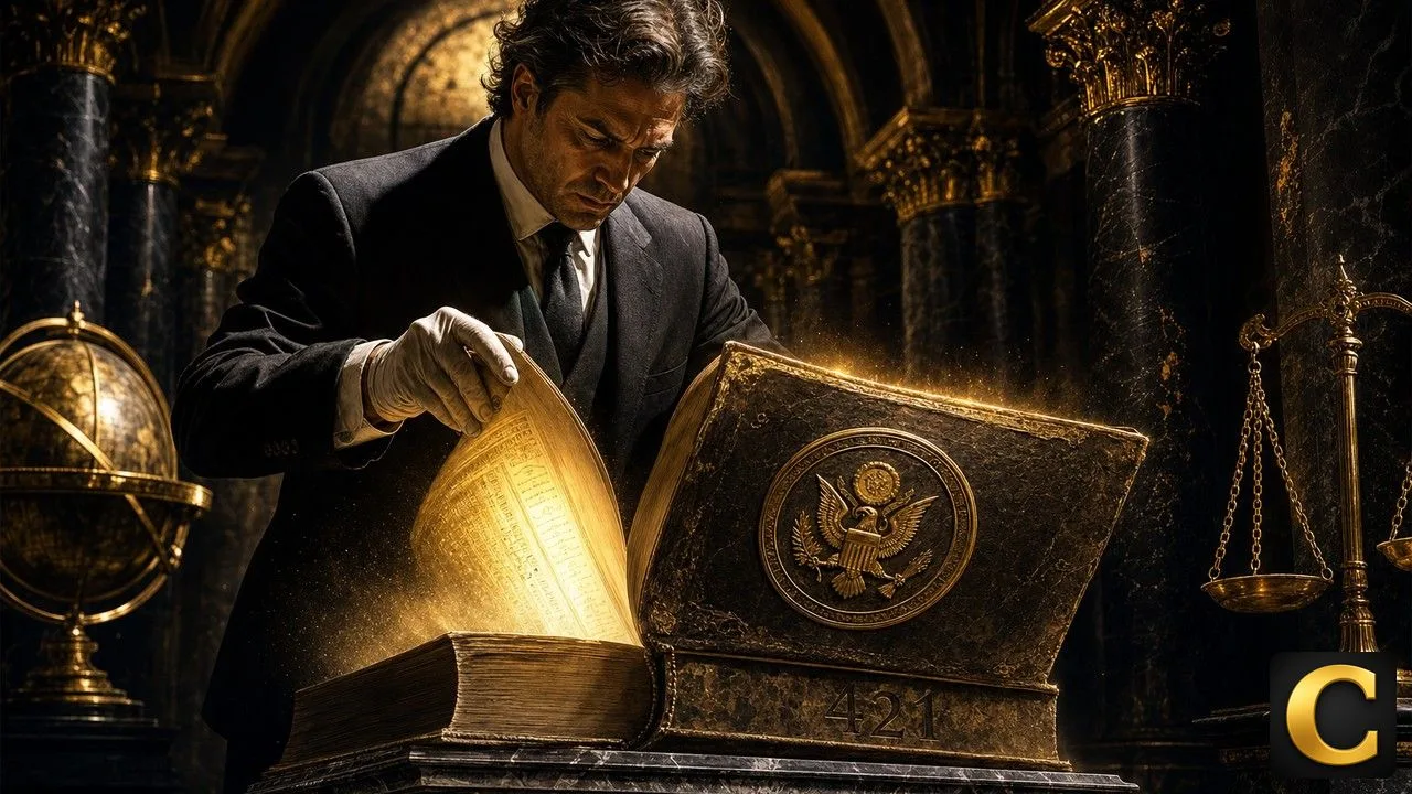 Transfer agent ledger glowing gold as an archivist opens a sealed SEC volume