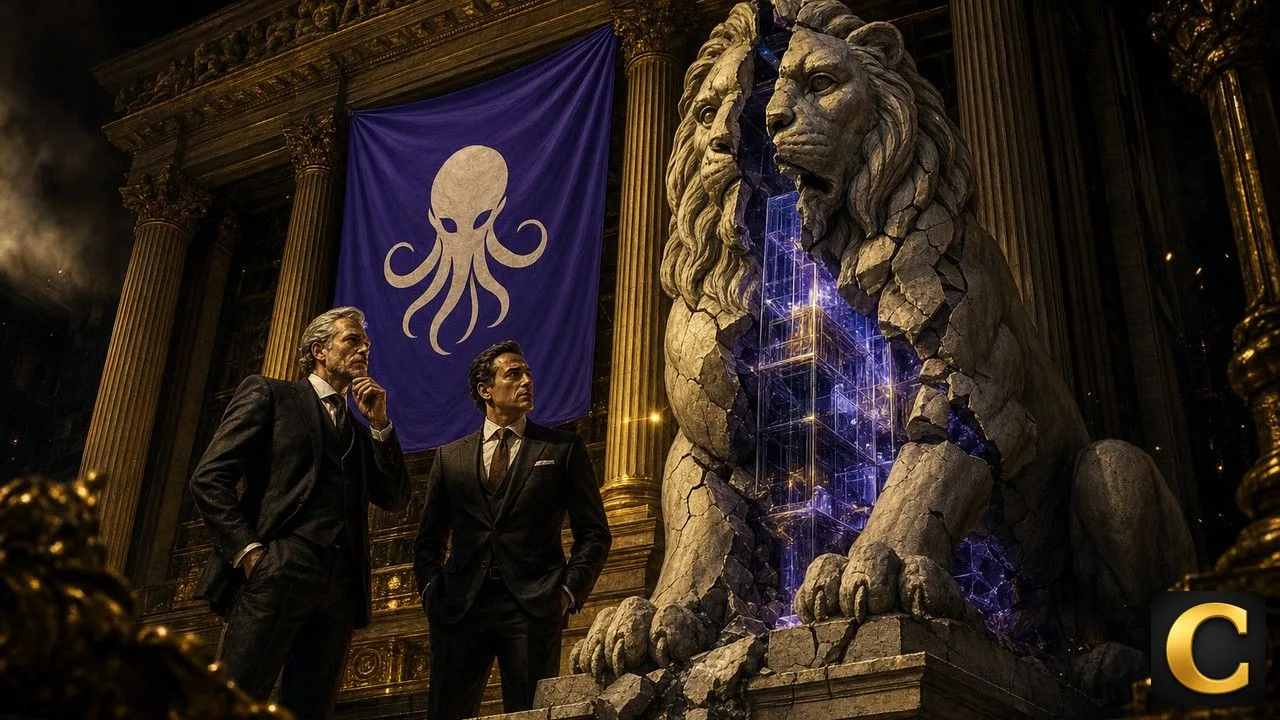London Stock Exchange lion cracking open to reveal a glowing tokenized glass core
